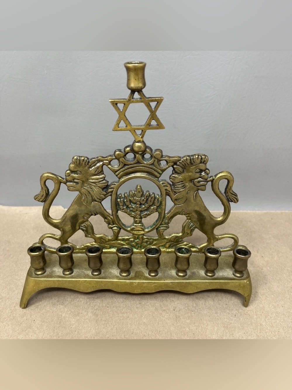 Vintage Heavy Brass Hanukkah Menorah Lion Judaica Candelabra Star of David